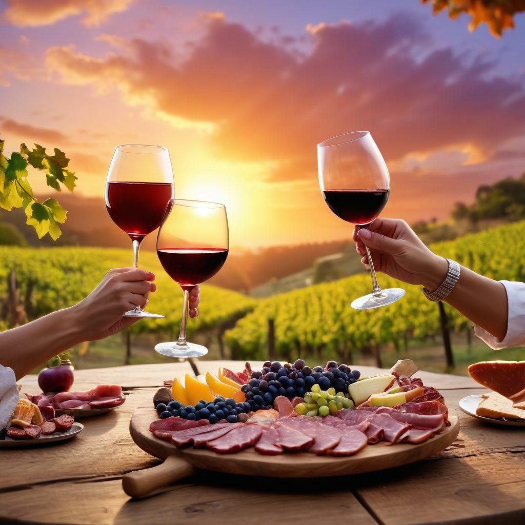 A lively wine tasting scene depicting diverse groups of people clinking glasses in a rustic vineyard. Emphasize joy and connection with vibrant expressions, picturesque grapevines, and a sunset backdrop. Include details like elegant wine glasses, various wine bottles on a wooden table, and colorful charcuterie plates that represent cultural diversity. super-realistic. vibrant colors. warm sunset glow.