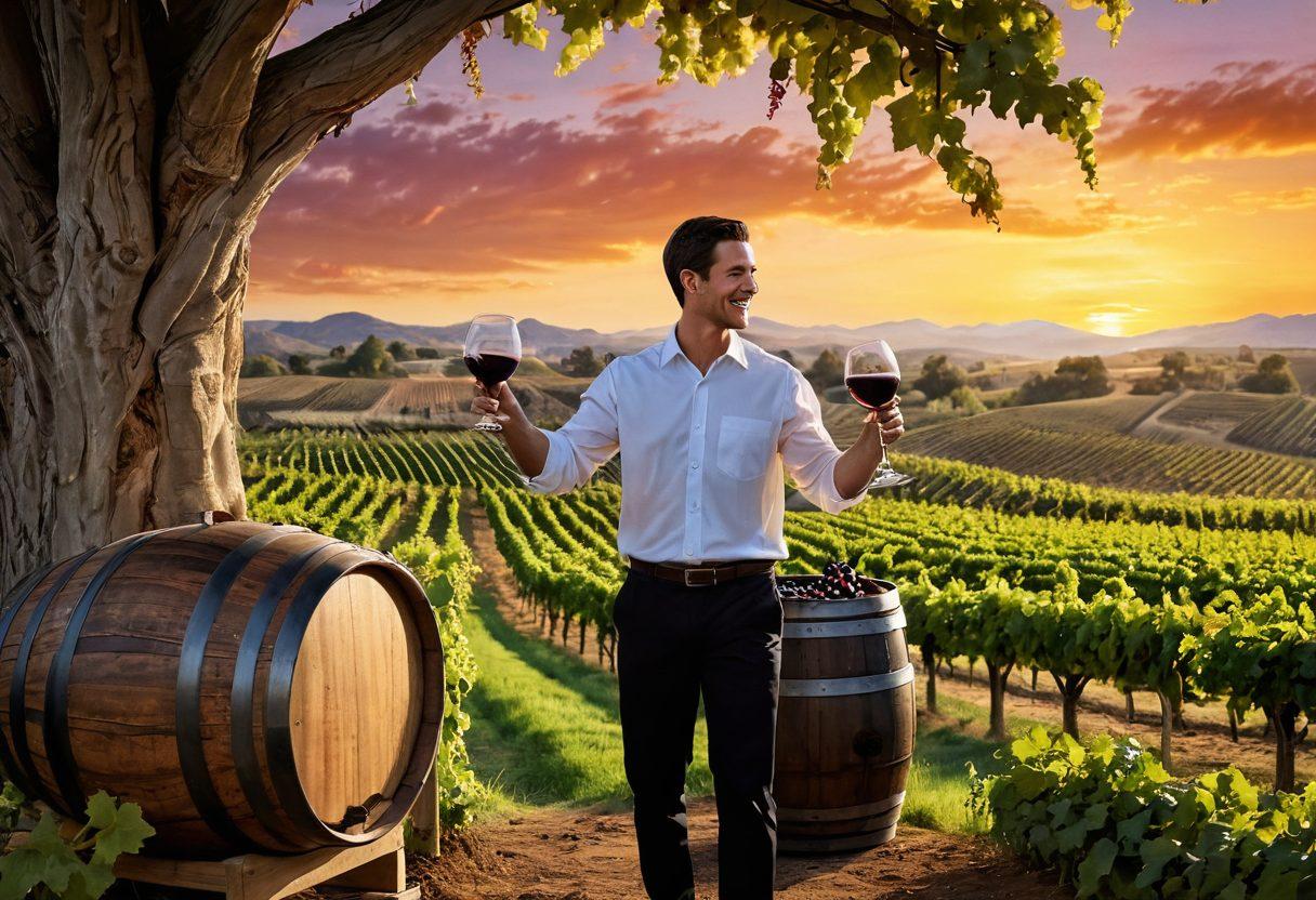 A captivating vineyard landscape at sunset, showcasing rows of lush grapevines and a rustic wooden wine barrel. In the foreground, an enthusiastic novice holding a wine glass with swirling red wine, while in the background, a wise connoisseur shares a toast with a smile. Include soft, warm hues to evoke a sense of celebration and passion for wine. super-realistic. vibrant colors. 3D.
