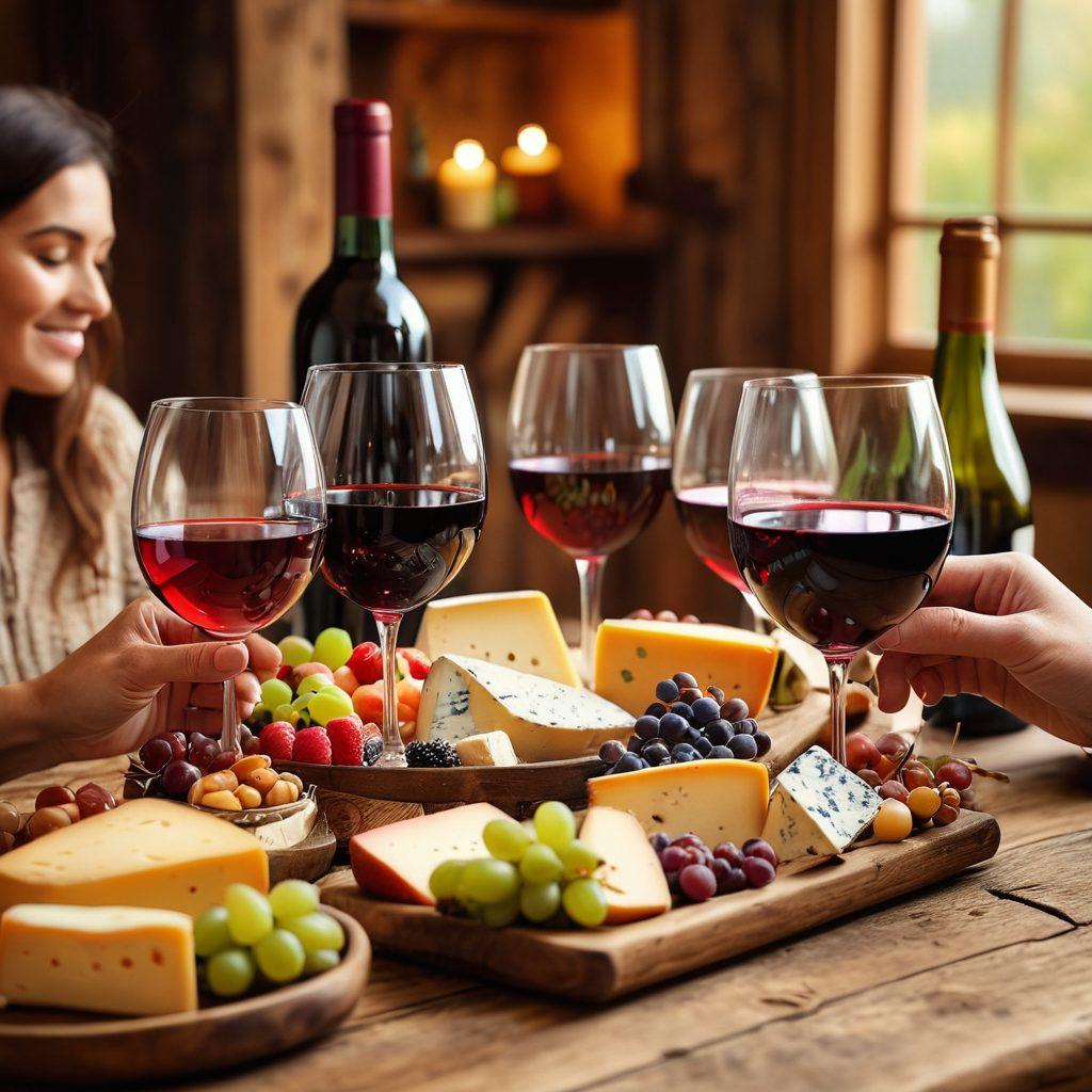 A cozy wine tasting scene featuring a diverse group of people of different ethnicities joyfully sharing their favorite wines. Include various wine glasses filled with colorful wines on a rustic wooden table, surrounded by cheese and fruit platters. Ambient warm lighting to create an inviting atmosphere, with subtle vineyard scenery in the background. artistic realism. warm colors. soft focus.